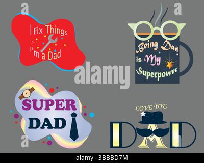 Sticker zum Vatertag – lustiges Set mit lustigen „Sprüchen“ und „Symbole“ Stock Vektor