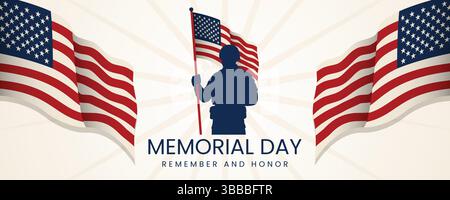 Patriotisches Memorial Day-Banner zu Ehren des Militärdienstes mit Soldatensilhouette und US-Flaggen Stock Vektor