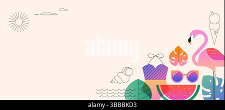 Hallo Sommer Hintergrund mit tropischen Ikonen. Bunte flache Vektor-Illustration von Flamingo, Dschungelblättern, Wassermelone, Badeanzug, Sonnenbrille, und Eis Stock Vektor