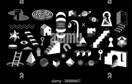 Surreale abstrakte Vektor-Design-Illustrationen Kollektion. Psychedelische geometrische Elemente in Schwarz und weiß, Ikonen im Retro-Stil, kreative Treppen Stock Vektor
