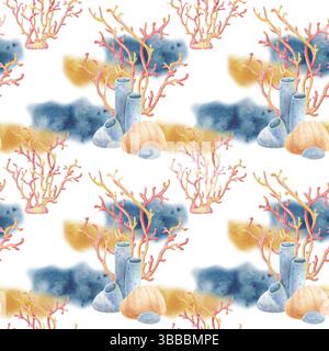 Nahtloses Aquarellmuster mit Elementen des Korallenriffs: Anemonen, Schwämme, Korallen und Muscheln. Heller Meereshintergrund für Stoffe, Tapeten und Stockfoto