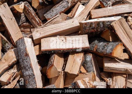 Frisch gehacktes Brennholz im frühen Morgenlicht. Stockfoto