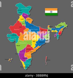 Vektorkarte von Indien mit Namen von Städten und mit Grenzen Stadt Stock Vektor