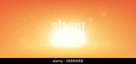 Sonnenuntergang auf rotem Himmel Hintergrund mit realistischem Sonnenlinsen-Lichteffekt Stock Vektor