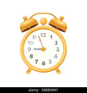 Klassischer Wecker mit zwei Glocken und Klingeltafeln. Vektorsymbol der Retro-Weckuhr für Schlummerfunktion oder Schlafalarm. Runder klingelnder Zeitmesser, Schreibtischuhr. Drehen Sie die Glocke und den Timer. Pünktlichkeit. Stock Vektor