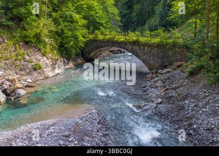 Malerischer Blick auf eine Steinbogenbrücke über einen klaren türkisfarbenen Fluss, der durch einen üppigen grünen Wald in Bregenzerwald fließt Stockfoto