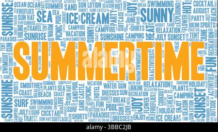 Summertime Word Cloud Konzeptdesign isoliert auf weißem Hintergrund. Stock Vektor