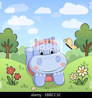 Niedliches Zeichentrick-Nilpferd in der Natur. Vektorillustration eines Tieres mit roten und weißen Blumen, grünem Gras und Bäumen. Stock Vektor