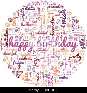 Happy Birthday Card Vektor Illustration Wort Wolke isoliert auf einem weißen Hintergrund. Stock Vektor