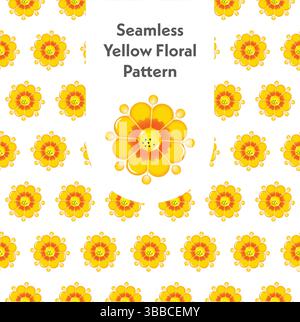 Fröhliches und nahtloses gelbes Blumenmuster für Frühling, Kinderprodukte, Geschenkverpackung und Textilien. Stock Vektor