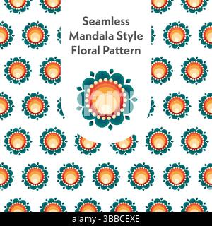 Lebendiges, nahtloses, von Mandala inspiriertes Blumenmuster in Orange- und Blautönen. Ideal für digitale Papiere, Textilien und bedruckbare Geräte. Stock Vektor