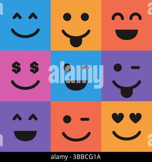 Set aus neun farbenfrohen Emoticons. Emoji-Symbol im Quadrat. Abgewickeltes Hintergrundmuster. Vektorabbildung Stock Vektor
