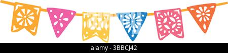 Buntes Papelbild mit Picado-Girlande. Taditional mexikanische dekorative Partyflaggen, Fähnchen. Cinco de Mayo, Fiestas oder Tag der Toten Dia de Muertos Stock Vektor