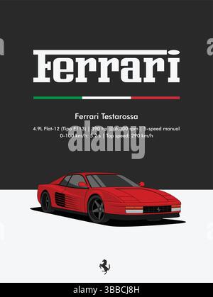 Rotes Ferrari Testarossa-Poster mit italienischem Flaggenakzent und detaillierten Leistungsdaten Stock Vektor