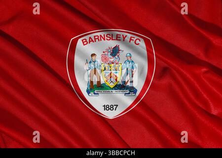 Pringsewu, lampung 25. Mai 2025; selektiver Fokus des Barnsley-Fußballklub-Logos in der efl League One-Meisterschaft, 3D-Illustration Stockfoto