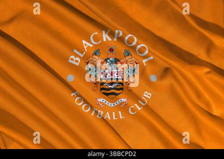 Pringsewu, lampung 25. Mai 2025; selektives Focus of Blackpool Football Club Logo in efl League One Championship, 3D Illustration Stockfoto