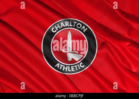 Pringsewu, lampung 25. Mai 2025; selektives Focus of Charlton Athletic Football Club Logo in efl League One Championship, 3D Illustration Stockfoto