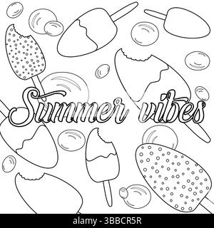 Ausmalseite mit Umrisszeichnung einer Szene von einem Eis auf einem Stock, ganz und mit Bissspuren und Wasserblasen. Sommerstimmung. Für Unterhaltung, Stock Vektor