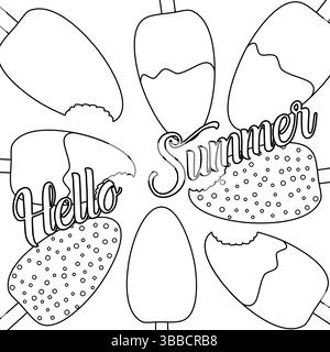 Ausmalseite mit Umrisszeichnung eine Szene mit Eisrahmen auf Stock, ganz und mit Bissspuren. Hallo Sommer. Zur Unterhaltung von Kindern, Urlaub und va Stock Vektor