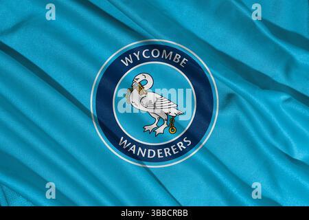 Pringsewu, lampung 25. Mai 2025; selektiver Fokus des Wycombe Wanderers Fußballclub-Logos in der efl League One-Meisterschaft, 3D-Illustration Stockfoto