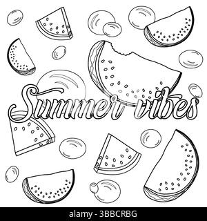 Ausmalseite mit Umrisszeichnung eine Szene mit saftigen Wassermelonenscheiben und erfrischenden Wasserblasen. Sommerstimmung. Zur Unterhaltung von Kindern, Urlaub und Stock Vektor