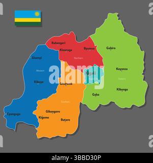 Vektorkarte von Ruanda mit Namen von Städten und mit Grenzen Stadt Stock Vektor