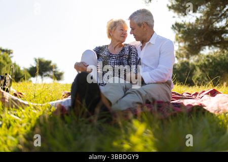 Seniorenpaar genießt ein entspannendes, sonniges Picknick im Park Stockfoto