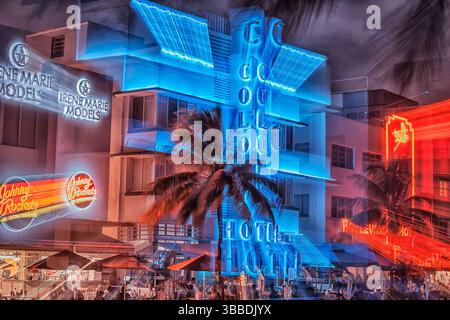Ocean Drive bei Nacht, South Beach, Miami, Florida, USA Stockfoto