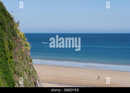 Vergnügungsboot kehrt an einem ruhigen und sonnigen Tag zum Steg am Tenby South Beach zurück Stockfoto