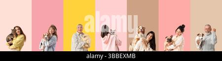 Collage glücklicher Besitzer mit ihren Haustieren auf farbigem Hintergrund Stockfoto