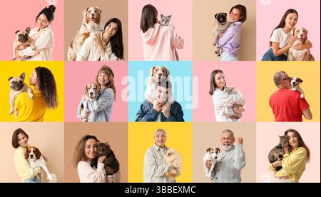 Gruppe glücklicher Besitzer mit ihren Haustieren auf farbigem Hintergrund Stockfoto