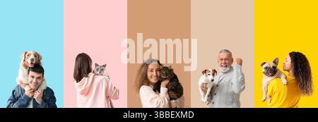 Set von glücklichen Besitzern mit ihren Haustieren auf farbigem Hintergrund Stockfoto