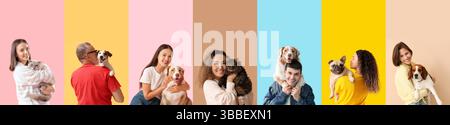 Set von glücklichen Besitzern mit ihren Haustieren auf farbigem Hintergrund Stockfoto