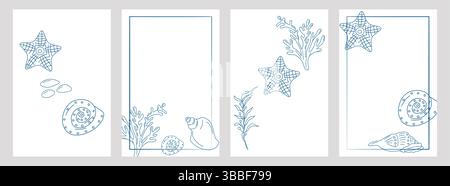 Marine Elements Poster im Doodle-Stil blau la Dolce vita. Italienischer Stil. Unterwasserwelt. Menügestaltung von Postkarte und Poster. Vektorabbildung. Stock Vektor