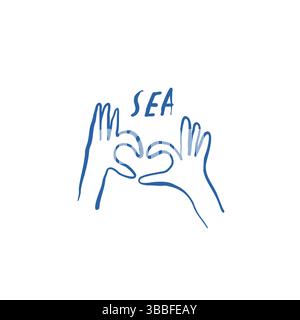 Liebeskonzept im Meeresmotiv mit Händen, die eine Herzform bilden, und separatem Meeresschriftzug auf weißem Hintergrund Stock Vektor