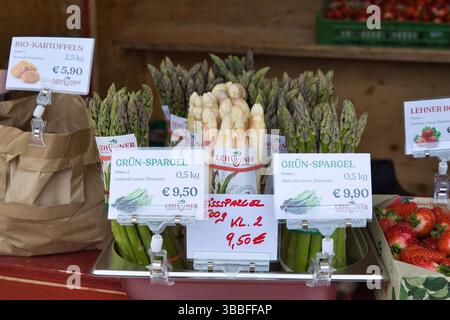 16.05.2025, Hörsching / Linz, AUT, unterwegs in Oberösterreich, Themenbild, Symbolbild, Verschiedene Themenbilder, im Bild Erntefrischer Spargel, Verkaufsstand für Erdbeeren und Spargel, Grüner und Weisser Spargel, Nahrungsmittel, Gemuese, Essen, *** 16 05 2025, Hörsching Linz, AUT, unterwegs in Oberösterreich, Themenbild, Symbolbild, verschiedene Themenbilder, im Bild frisch geernteter Spargel, Verkaufsstand für Erdbeeren und Spargel, grüner und weißer Spargel, Lebensmittel, Gemüse, Lebensmittel, Lebensmittel, Lebensmittel Stockfoto