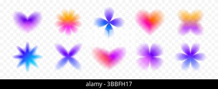 Bunte, verschwommene Blumen- und Herzkollektion. Set mit hellen, unscharfen Aura-Formen. Verblasste abstrakte Elemente für Poster, Vorlage, Abzeichen, Aufkleber, Collage. Vektor irisierende glatte Form Sterne Pack Stock Vektor