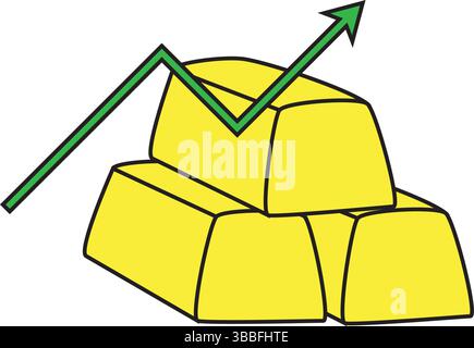 Goldpreisanstieg, Vektorflaches Illustration des steigenden Goldpreispfeildiagramms, isoliert auf weißem Hintergrund. Stock Vektor