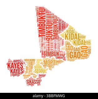 Mali Word Cloud. Länderform mit Gebietseinteilung. Bild im Mali-Typografie-Stil. Bereichsnamen kennzeichnen Wolken. Vektorabbildung. Stock Vektor