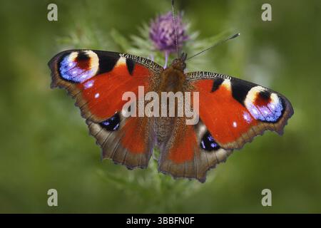 Europäischer Pfau, Aglais io, roter Schmetterling mit Augen, die in der Natur auf der rosa Blume sitzen. Sommerszene von der Wiese. Schöner Schmetterling mit Stockfoto