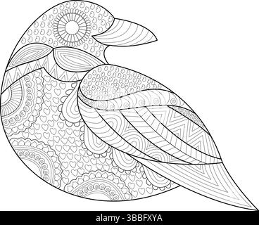 Schwarz-weiße Strichgrafik-Illustration eines stilisierten Vogels, gefüllt mit komplexen und dekorativen Mustern, einschließlich Herzen, Wellen, Kreisen und geometrischen s Stock Vektor