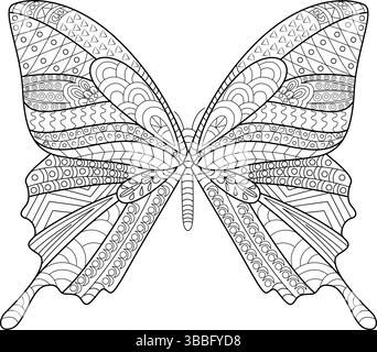 Hochdetaillierte schwarze und weiße Strichgrafik-Illustration eines Schmetterlings mit komplizierten Mustern und von zentangle inspirierten Designs auf den Flügeln. Perfec Stock Vektor