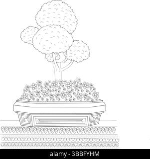 Schwarz-weiße Strichgrafik-Illustration mit einem stilisierten Bonsaibaum in einem kunstvollen Topf, umgeben von dekorativen Blumen und Mustern. Ideal für Colo Stock Vektor
