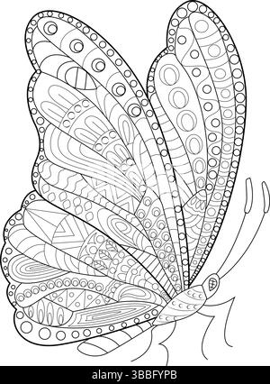 Detaillierte schwarz-weiße Linienzeichnung eines Schmetterlings mit abstrakten und dekorativen Mustern auf den Flügeln, perfekt für Malbücher für Erwachsene, Entspannung Stock Vektor