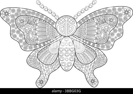 Detaillierte schwarz-weiße Strichgrafik-Illustration eines Schmetterlings gefüllt mit komplexen floralen und abstrakten Mustern, perfekt zum Ausmalen von Büchern, Stress rel Stock Vektor