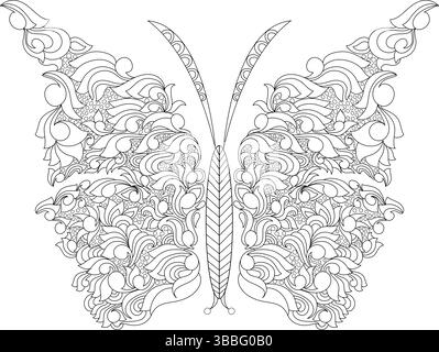 Detaillierte schwarz-weiße Linienzeichnung eines Schmetterlings mit abstrakten, fließenden Mustern auf seinen Flügeln. Perfekt zum Ausmalen von Seiten, Malbüchern für Erwachsene, t Stock Vektor