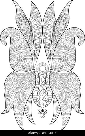 Aufwändige Strichgrafik-Illustration eines stilisierten Schmetterlings mit abstrakten, von Zentangle inspirierten Mustern. Perfekt als Designelement, Ausmalseite f Stock Vektor