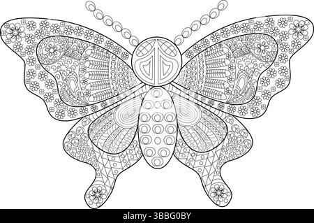 Detaillierte Schwarzweiß-Strichzeichnung eines Schmetterlings mit komplizierten Mustern, Blumenmotiven und dekorativen Elementen. Perfekt als Färbung Stock Vektor
