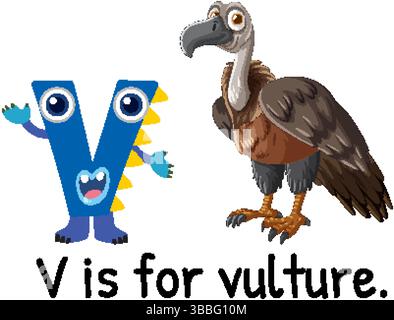 Verspielte Vektor-Illustration des Buchstabens V mit einem Zeichentrickgeier. Leuchtende Farben und freundliches Design für Bildungszwecke Stock Vektor