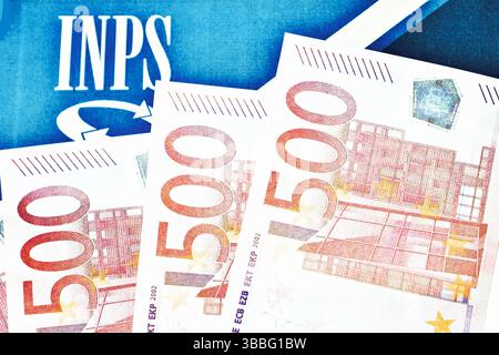 20. Januar 2024, Florenz, Italien, Banknoten und Papier mit dem INPS-Zeichen, bekannt als Istituto Nazionale della Previdenza Sociale, was nationale Eins bedeutet Stockfoto
